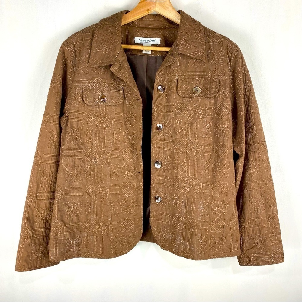 ColdWater Creek Shimmer Artsy Embroidered Stitch Blazer Jacket Brown‎ Size PS
